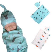 Load image into Gallery viewer, 2pcs/set Baby Blankets with Hat Newborn Baby Soft Warm Deer Printed Blue Swaddle Wrap Sleeping Blanket Infant Bathing Towel