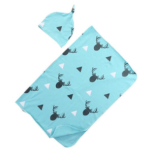 2pcs/set Baby Blankets with Hat Newborn Baby Soft Warm Deer Printed Blue Swaddle Wrap Sleeping Blanket Infant Bathing Towel