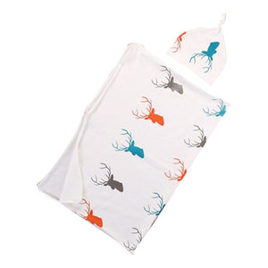 2pcs/set Baby Blankets with Hat Newborn Baby Soft Warm Deer Printed Blue Swaddle Wrap Sleeping Blanket Infant Bathing Towel